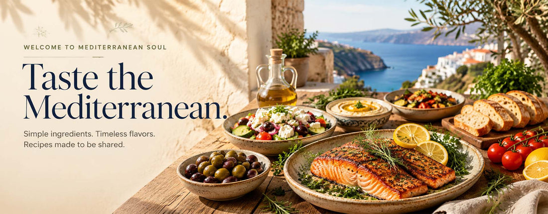 Mediterranean pantry ingredients including olive oil, tinned goods and lemons